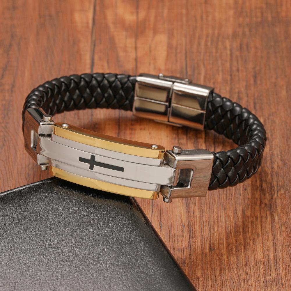 Pulseira Masculina de Couro Cruz Central